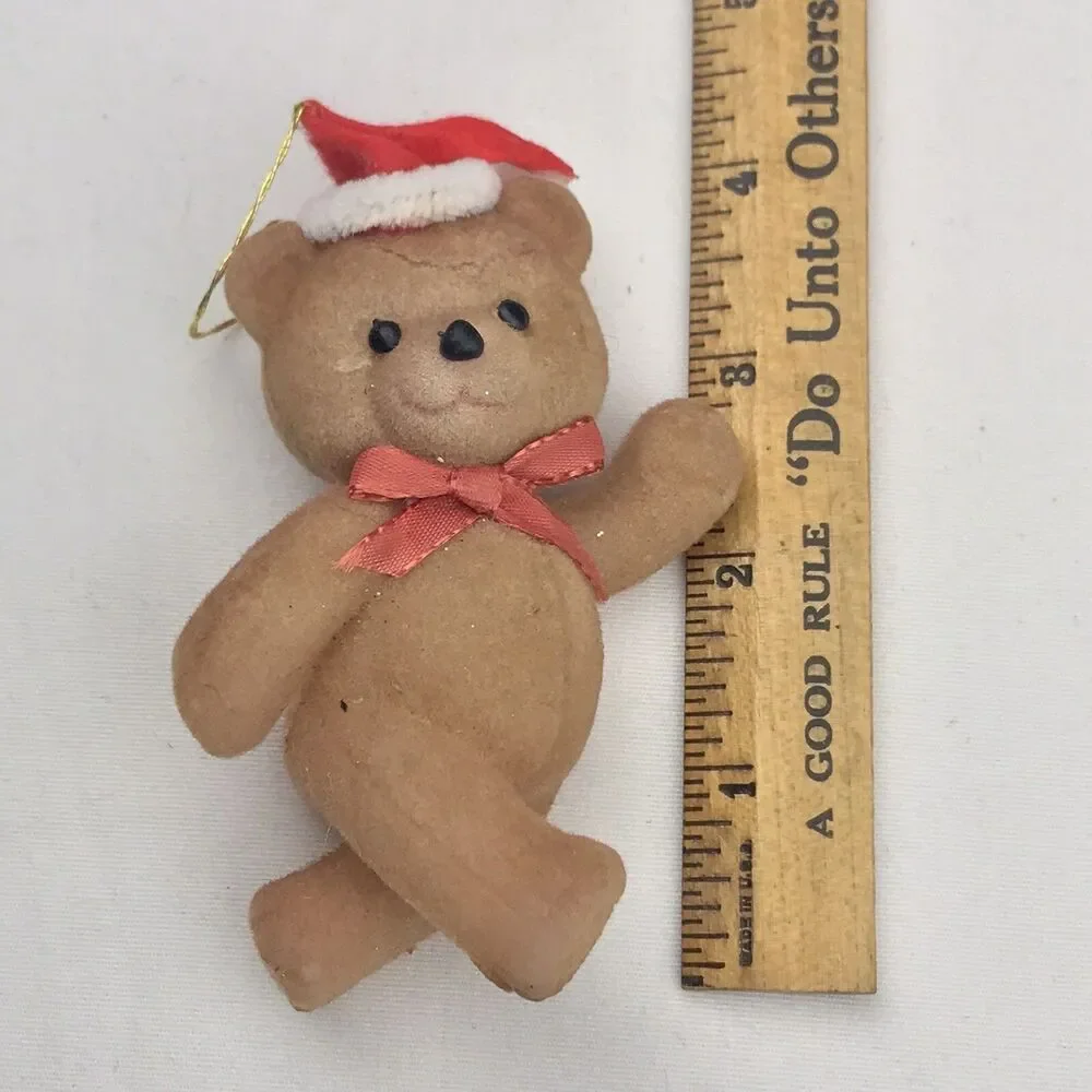 Flocked Teddy Bear Ornament Vintage Christmas Santa Hat Bow Tie MCM